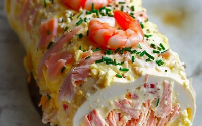 Tronchetto salado con sabores a marisco: cangrejo, salmón ahumado y gambas.