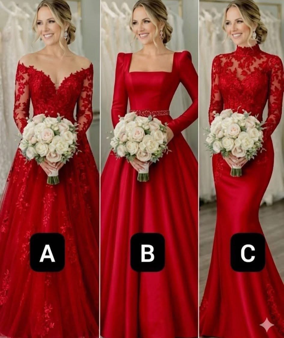 Tres vestidos. Espera un momento. ¿Cuál elegirías? ¿A, B o C? 👰