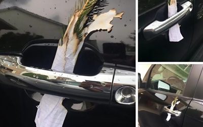 Esta mañana, al salir al coche, me llevé un buen susto. Había una rama de pino carbonizada atascada en la manija de la puerta, envuelta en un trozo de papel arrugado. Era negra y marrón, como si la hubieran prendido fuego deliberadamente y luego la hubieran apagado; y todo estaba metido en la puerta.