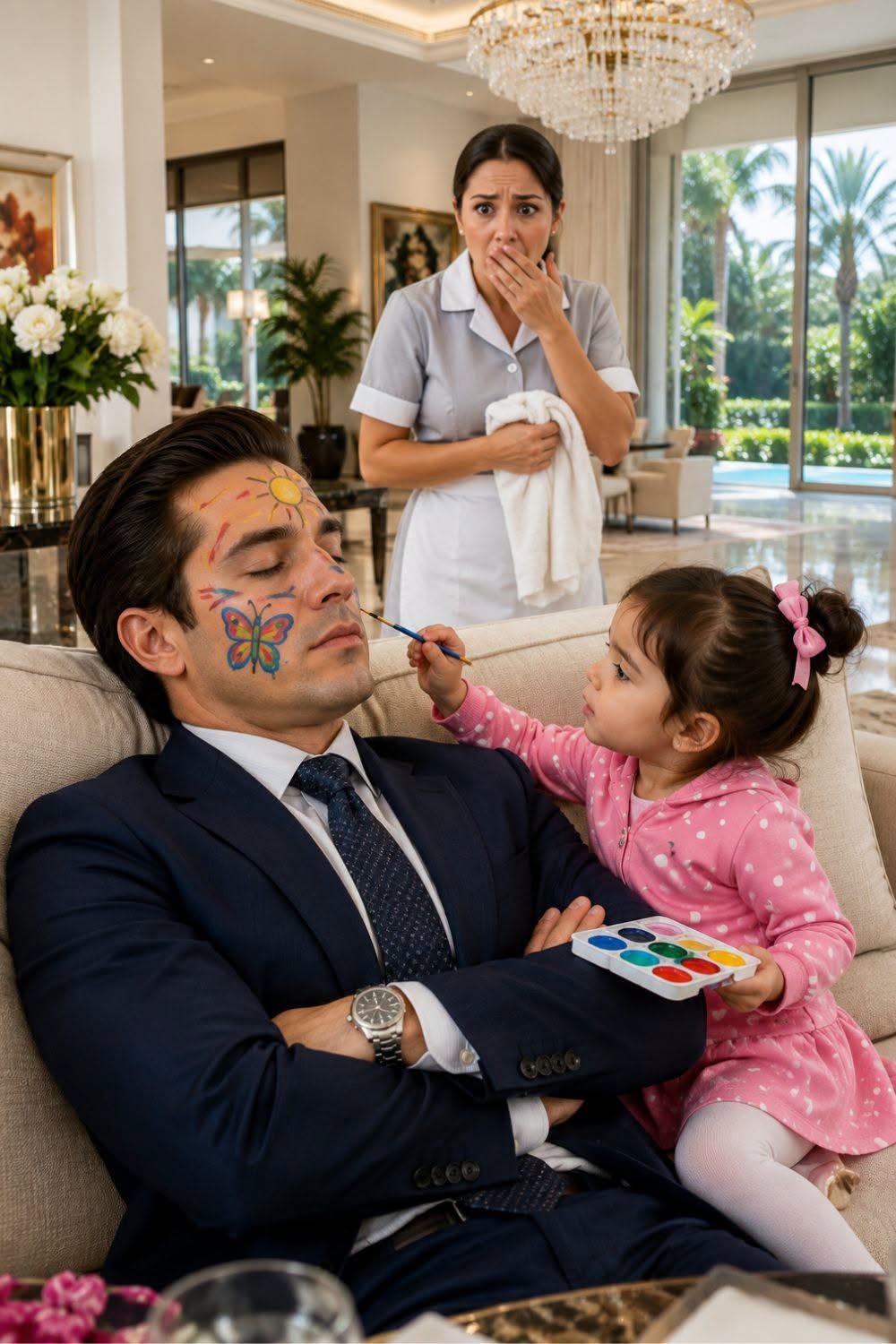 La niña pintó la cara del millonario dormido y terminó descubriendo al verdadero ladrón de la mansión.